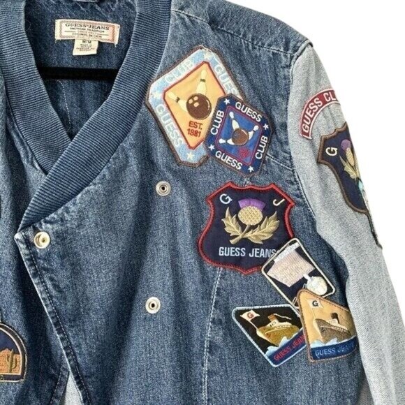 GUESS Originals Size M Asymmetric Denim Patchwork Bomber Jacket Jean - Picture 10 of 13